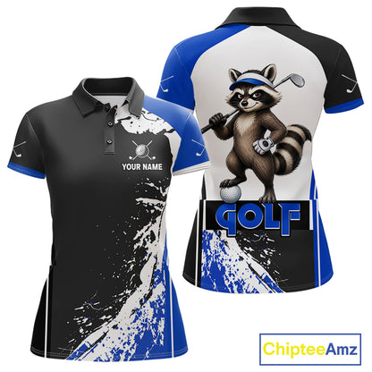 Funny Raccoon Women's Golf Polo Shirt mockup with blue splatter artwork, personalized golf polo, custom golf team apparel, wildlife golf clothing, breathable golf shirt, golf tournament uniform.