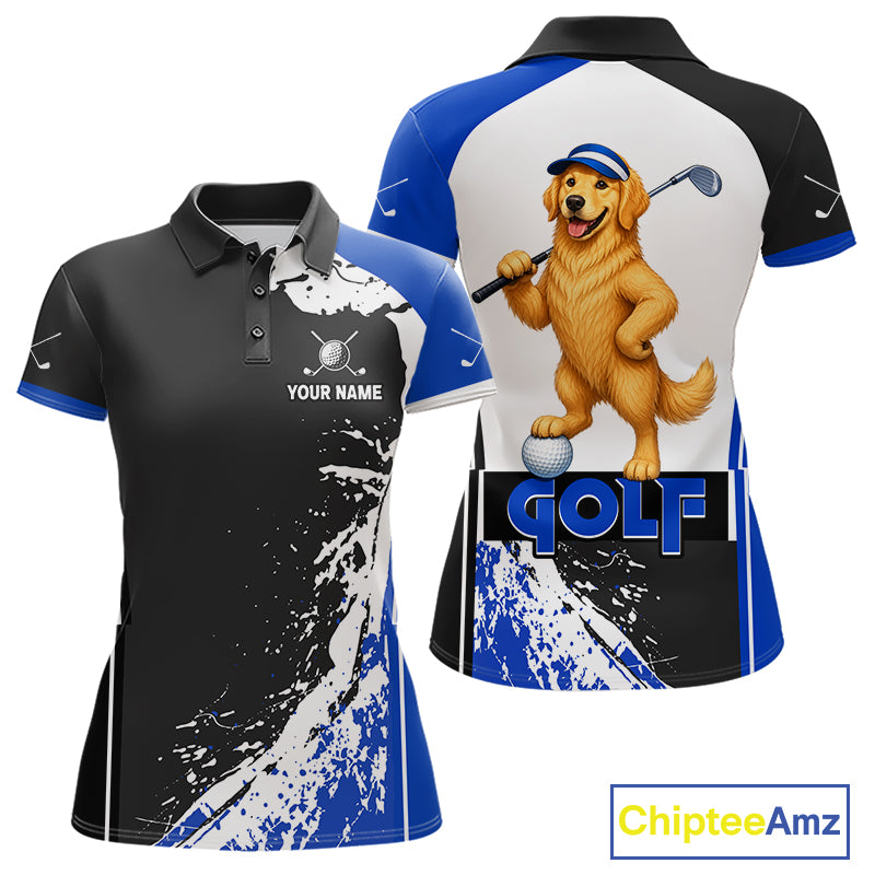 Funny Golden Retriever Women's Golf Polo Shirt mockup with blue splatter artwork, personalized golf polo, dog lover golf apparel, custom golf team clothing, breathable golf shirt, golf tournament uniform.