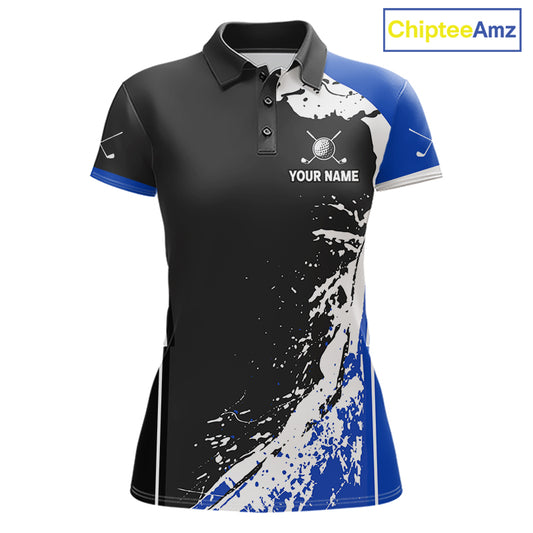 Funny Golden Retriever Women's Golf Polo Shirt mockup with blue splatter artwork, personalized golf polo, dog lover golf apparel, custom golf team clothing, breathable golf shirt, golf tournament uniform.