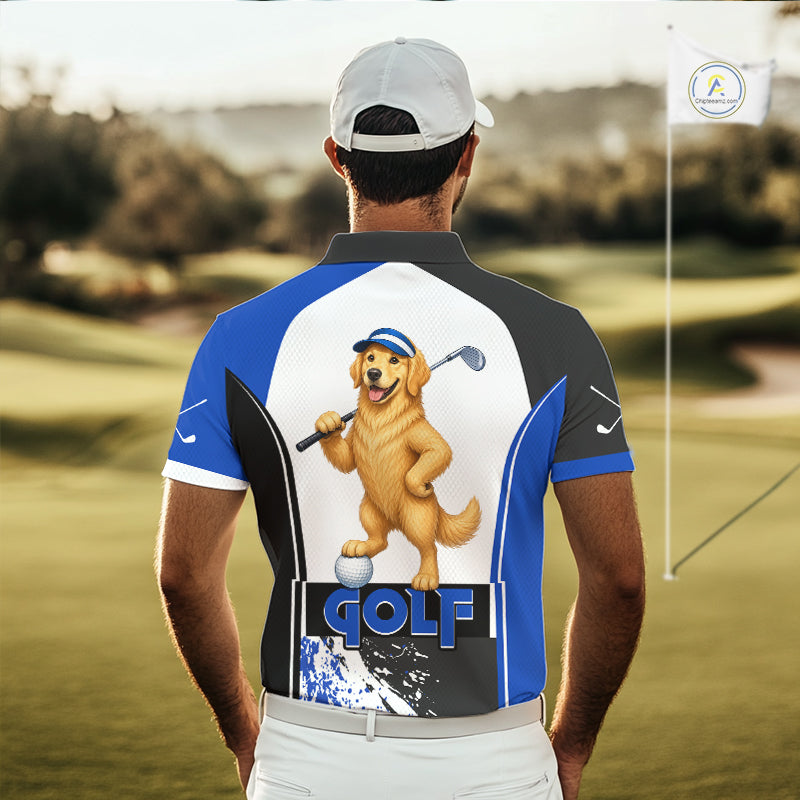 Men's model wearing Golden Retriever Golf Polo Shirt, personalized golf clothing, dog lover sportswear, custom golf outfit, performance golf apparel.