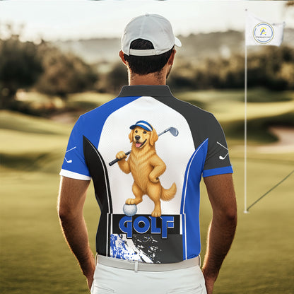 Men's model wearing Golden Retriever Golf Polo Shirt, personalized golf clothing, dog lover sportswear, custom golf outfit, performance golf apparel.