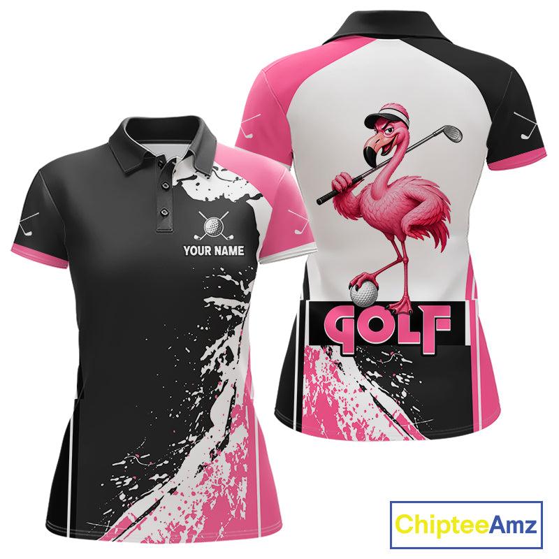 Funny Flamingo Women's Golf Polo Shirt mockup with pink splatter design, personalized golf polo, tropical golf apparel, custom golf team clothing, breathable performance golf shirt.