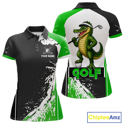 Funny Alligator Women's Golf Polo Shirt mockup with green splatter design, personalized golf polo, wildlife golf apparel, custom golf team clothing, breathable golf tournament shirt.