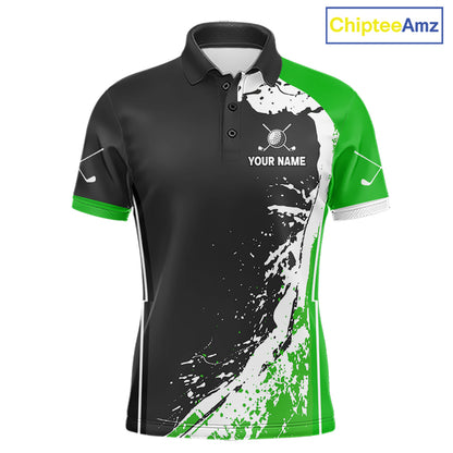 Funny Alligator Men's Golf Polo Shirt mockup featuring green splatter alligator design, personalized golf apparel, custom golf team polo, wildlife golf clothing.
