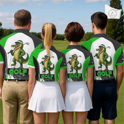 Golf team wearing matching Funny Alligator Golf Polo Shirts, personalized golf uniforms, wildlife mascot golf apparel, golf outing jerseys, Florida golf tournament clothing.