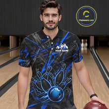 Load image into Gallery viewer, Black And Blue Strikes Grunge Bowling Polo &amp; 1/4-Zip Shirt For Men Custom Thunder Bowling Team Jersey NYN3267