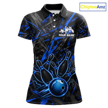 Load image into Gallery viewer, Black And Blue Strikes Grunge Bowling Polo &amp; 1/4-Zip Shirt For Women Custom Thunder Bowling Team Jersey NYN3267