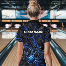 Load image into Gallery viewer, Black And Blue Strikes Grunge Bowling Polo &amp; 1/4-Zip Shirt For Women Custom Thunder Bowling Team Jersey NYN3267