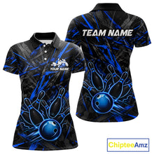 Load image into Gallery viewer, Black And Blue Strikes Grunge Bowling Polo &amp; 1/4-Zip Shirt For Women Custom Thunder Bowling Team Jersey NYN3267