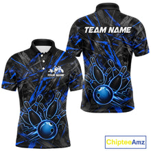 Load image into Gallery viewer, Black And Blue Strikes Grunge Bowling Polo &amp; 1/4-Zip Shirt For Men Custom Thunder Bowling Team Jersey NYN3267