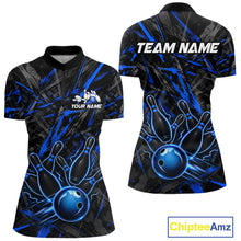 Load image into Gallery viewer, Black And Blue Strikes Grunge Bowling Polo &amp; 1/4-Zip Shirt For Women Custom Thunder Bowling Team Jersey NYN3267