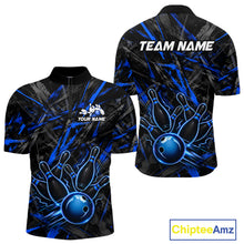 Load image into Gallery viewer, Black And Blue Strikes Grunge Bowling Polo &amp; 1/4-Zip Shirt For Men Custom Thunder Bowling Team Jersey NYN3267