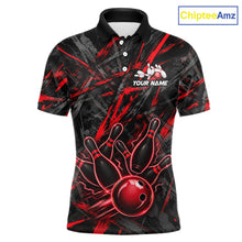 Load image into Gallery viewer, Black And Red Strikes Grunge Bowling Polo &amp; 1/4-Zip Shirt For Men Custom Thunder Bowling Team Jersey NYN3268