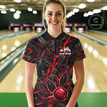 Load image into Gallery viewer, Black And Red Strikes Grunge Bowling Polo &amp; 1/4-Zip Shirt For Women Custom Thunder Bowling Team Jersey NYN3268