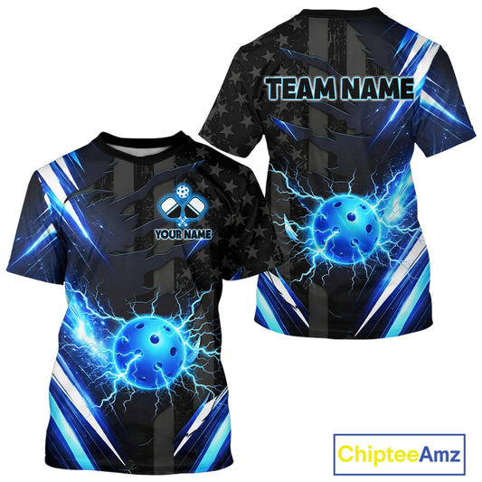 Custom Lightning Blue Patriotic Pickleball Shirts For Men, US Flag Pickleball Team Outfit NYN3109