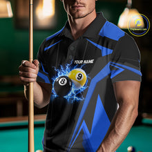 Load image into Gallery viewer, Male billiard player wearing Custom 8 Ball &amp; 9 Ball thunder billiard jersey, blue pool team shirt, professional billiards apparel