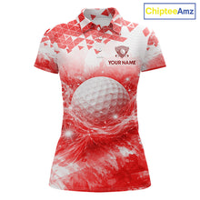 Load image into Gallery viewer, Red women's golf polo shirt with water splash golf ball design, custom golf team shirt, ladies golf apparel, tournament golf clothing