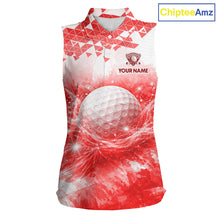 Load image into Gallery viewer, Red women's golf polo shirt with water splash golf ball design, custom golf team shirt, ladies golf apparel, tournament golf clothing