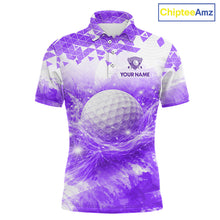 Load image into Gallery viewer, Purple men's golf polo shirt with water splash golf ball pattern, men's golf apparel, custom golf team clothing, golf league shirt
