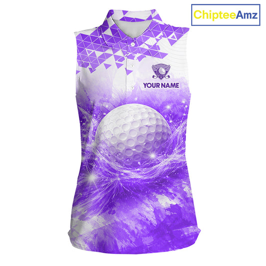 Purple women's golf polo shirt with water splash golf ball pattern, ladies golf apparel, custom golf team clothing