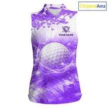 Load image into Gallery viewer, Purple women's golf polo shirt with water splash golf ball pattern, ladies golf apparel, custom golf team clothing