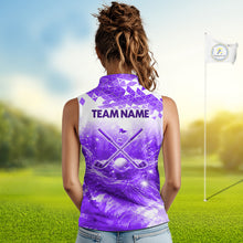 Load image into Gallery viewer, Female golfer wearing purple water splash golf polo shirt, women's golf clothing, custom golf apparel