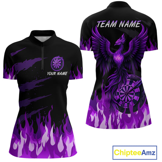 Women's Custom Darts Team Shirt With Purple Phoenix Dartboard And Flame Pattern NYN0341