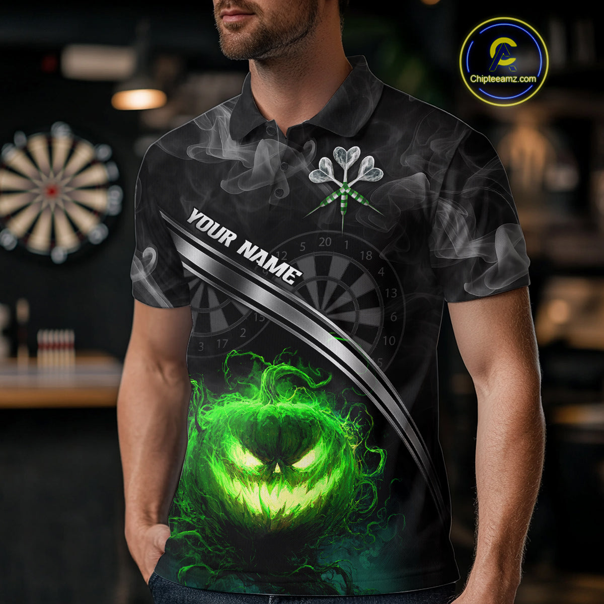 Halloween Men Darts Shirt Personalized Green Pumpkin Dartboard, Halloween Dart Jerseys NYN1164