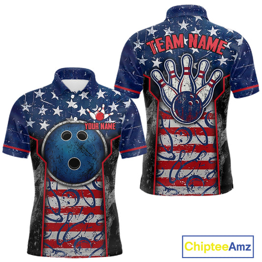 Grunge American Flag Bowling Polo & 1/4 Zip Shirts For Men Custom Patriotic Team Bowling Jerseys NYN3128
