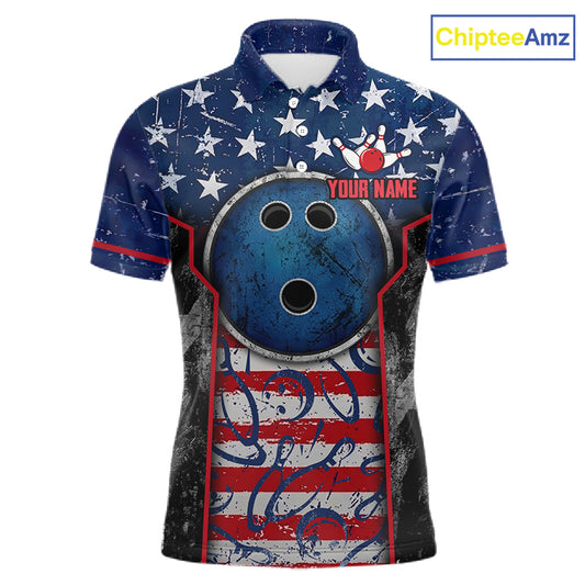 Grunge American Flag Bowling Polo & 1/4 Zip Shirts For Men Custom Patriotic Team Bowling Jerseys NYN3128