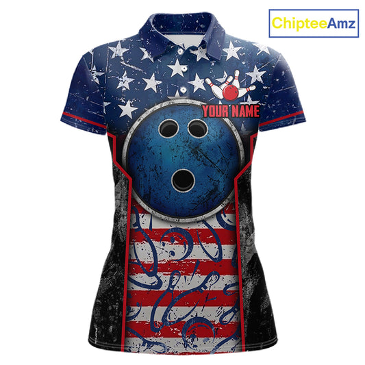 Grunge American Flag Bowling Polo & 1/4 Zip Shirts For Women Custom Patriotic Team Bowling Jerseys NYN3128