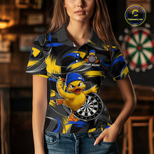 Load image into Gallery viewer, Female darts player wearing funny duck dart jersey, blue yellow brush dart shirt, personalized darts team uniform, fun darts apparel