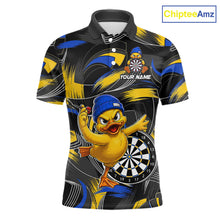 Load image into Gallery viewer, Blue and yellow brush funny duck men's darts polo shirt, custom dart team uniform, personalized dart name jersey, funny dart apparel, novelty darts clothing