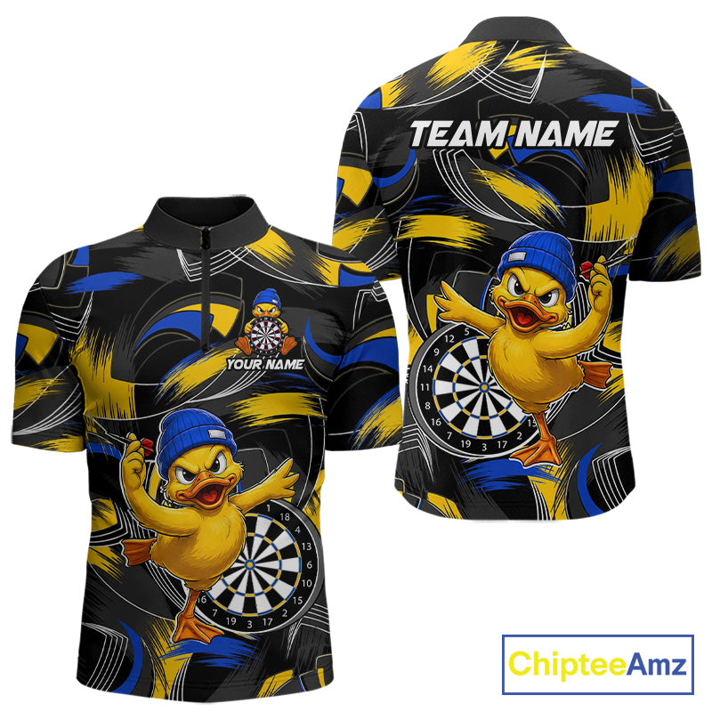 Blue and yellow brush funny duck men's quarter-zip dart shirt, custom darts team jersey, personalized dart player apparel