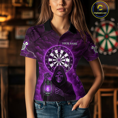 Purple Neon Grim Reaper Lightning Skull Darts League Shirt Custom Skull Women Darts Jersey NYN2038