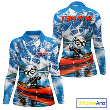 Load image into Gallery viewer, Long-sleeve shirt with kayak design and 'Team Name' text on a white background
