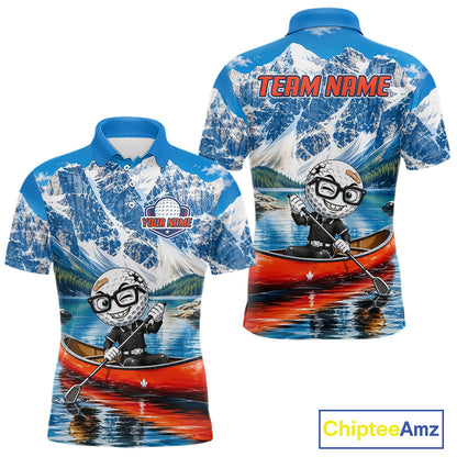 Polo shirt with mountain and canoe design, featuring 'Team Name' text on the back.