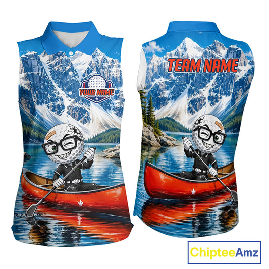Sleeveless shirt with golf ball character in a canoe against a mountain lake background, featuring 'Team Name' text.