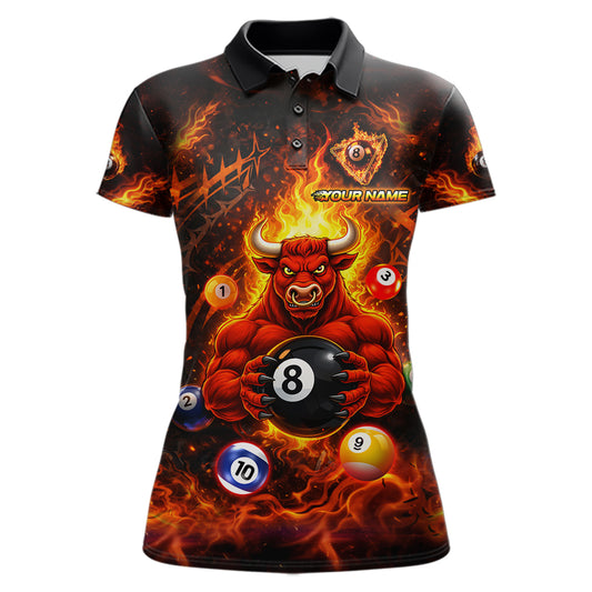 Fire Flame Funny Bull Plays Pool Ball Billiard Shirt For Women Custom 8 Ball Billiard Team Attire NYN2565