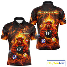 Load image into Gallery viewer, Fire Flame Funny Bull Plays Pool Ball Billiard Shirt For Men Custom 8 Ball Billiard Team Attire NYN2565