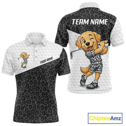 Golden retriever golf shirt with black leopard pattern funny golf polo for men