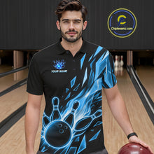 Load image into Gallery viewer, Male bowler wearing Fire Flame Bowling Ball And Pins blue broken glass bowling jersey custom team apparel