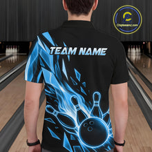 Load image into Gallery viewer, Male bowler wearing Fire Flame Bowling Ball And Pins blue broken glass bowling jersey custom team apparel
