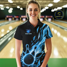 Load image into Gallery viewer, Female bowler wearing Fire Flame Bowling Ball And Pins blue broken glass bowling jersey custom team apparel
