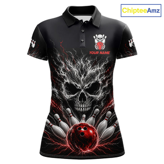 Red And Grey Smokes Horror Skull Bowling Polo Shirt For Women Custom Thunder Skull Bowling Team Jersey