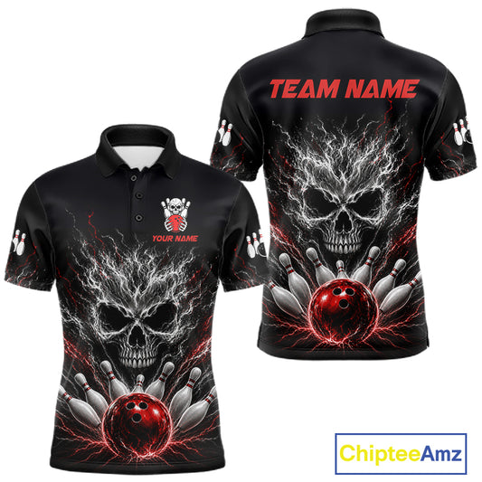 Red And Grey Smokes Horror Skull Bowling Polo Shirt For Men Custom Thunder Skull Bowling Team Jersey