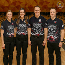 Load image into Gallery viewer, Men women bowling team wearing Red And Grey Smokes Horror Skull bowling jerseys matching team uniforms
