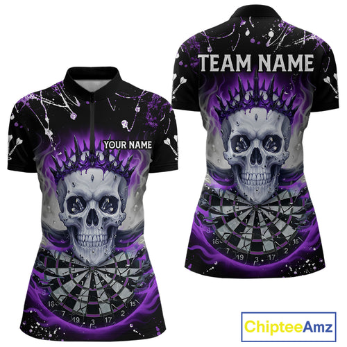 Grey Purple Smoke Crown Skull Dartboard Custom Women Quarter-Zip Dart Shirt Splatter Dart Jerseys NYN1772