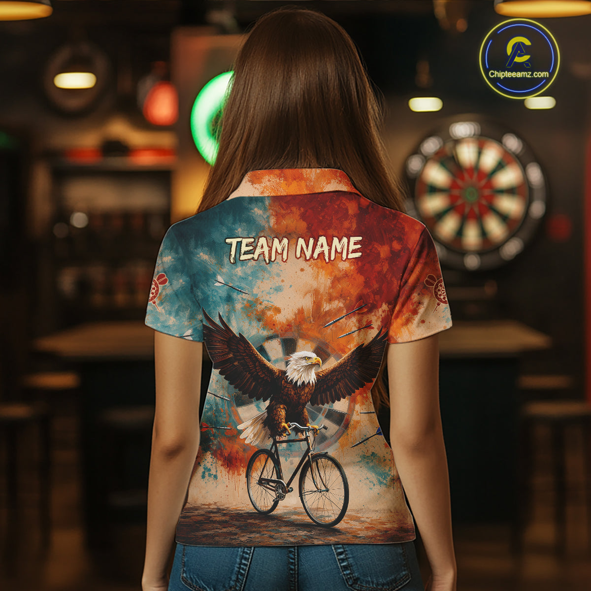 Blue & Orange Watercolor Funny Eagle Dartboard Women Dart Polo Shirts Custom Dart Team Jerseys NYN2728