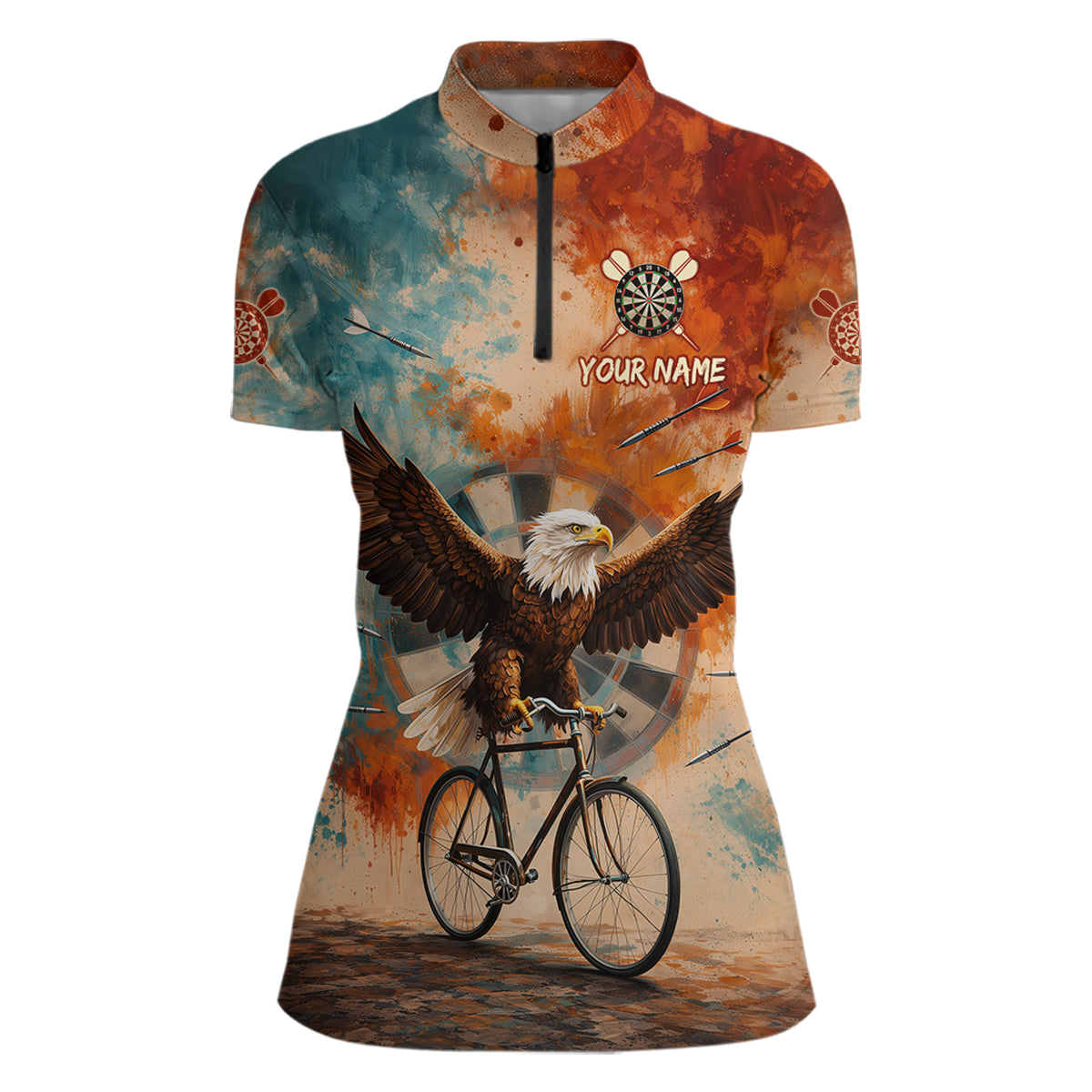 Blue & Orange Watercolor Funny Eagle Dartboard Women Dart Quarter-Zip Shirts Custom Dart Team Jerseys NYN2728